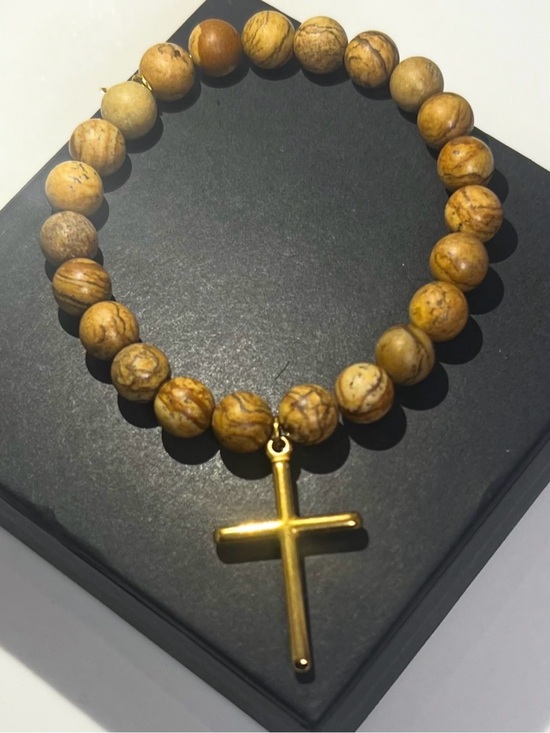 Beyond Grateful Jewelry - Natural Picture Stone Beaded Stretch Bracelet w 18k Gold Cross